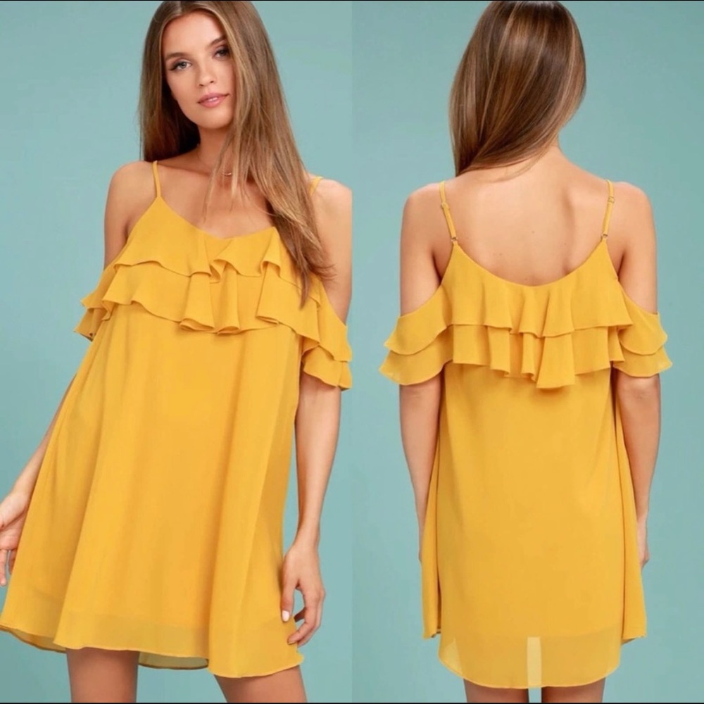 LULU. Gold ruffle mini dress